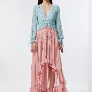 Rococo Sand Iconic Star Light High Low Dress Blue Pink Tiered Chiffon Sparkle L